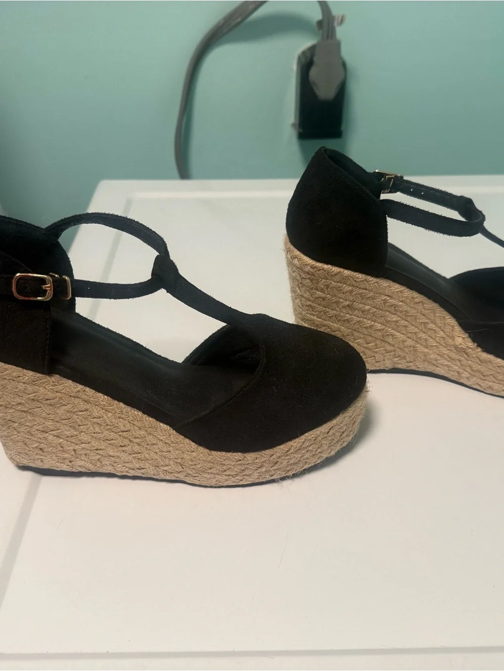 SHEIN Black Espadrille Platform Wedges with Ankle Strap